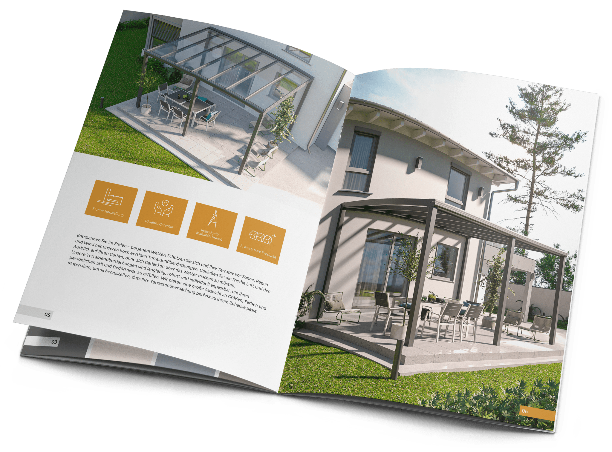 Photo album featuring images of a garden with a patio, table, and chairs under a glass canopy, next to a modern white house with large windows and a balcony, and a tree in the background.