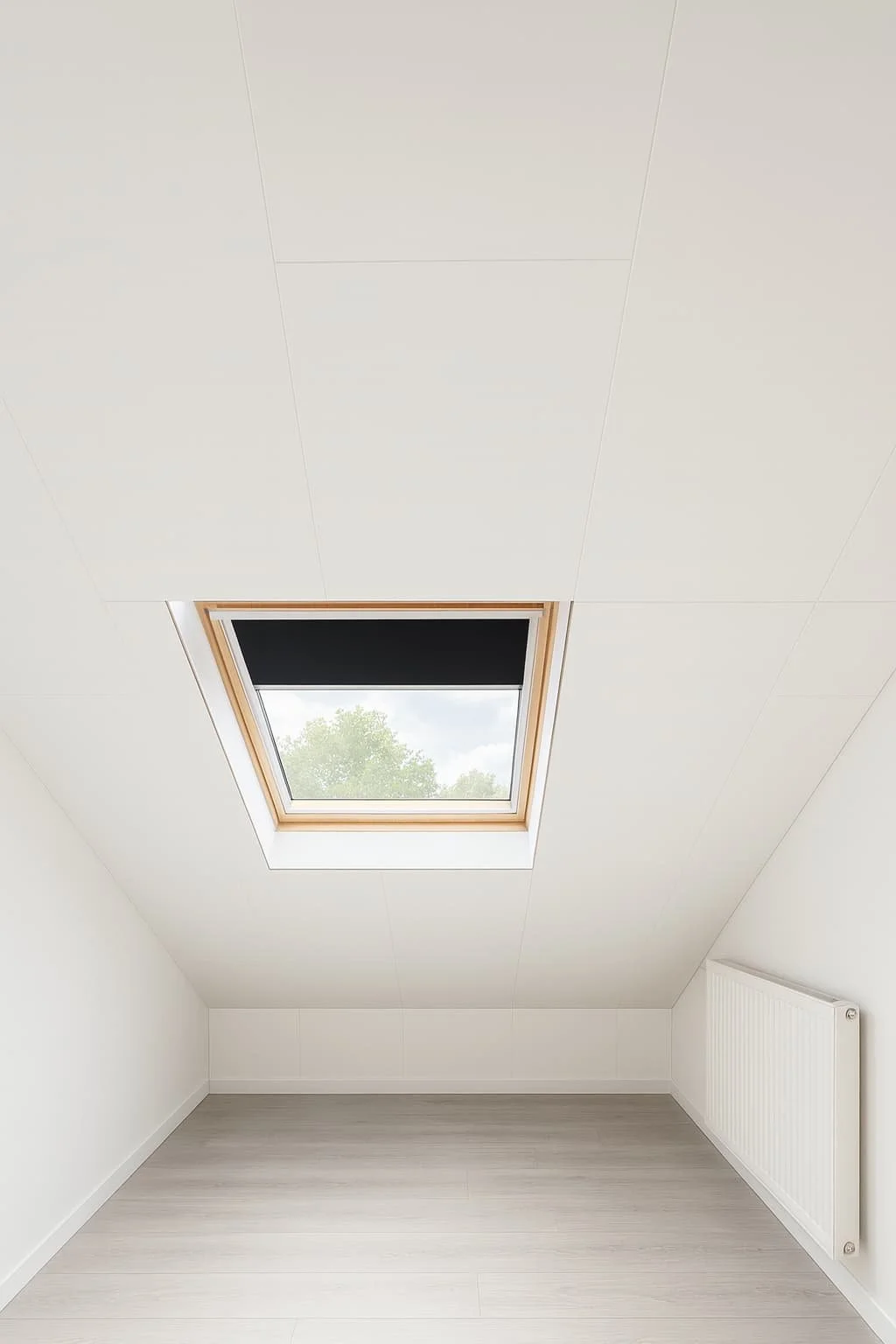 Empty attic room with a skylight window showing trees outside, plain white walls, and a radiator on the side wall.