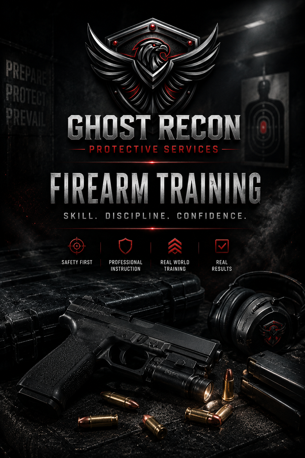 Poster for Ghost Recon Protective Services firearm training campaign, with a handgun, bullets, headphones, and a black hard case on a dark surface.