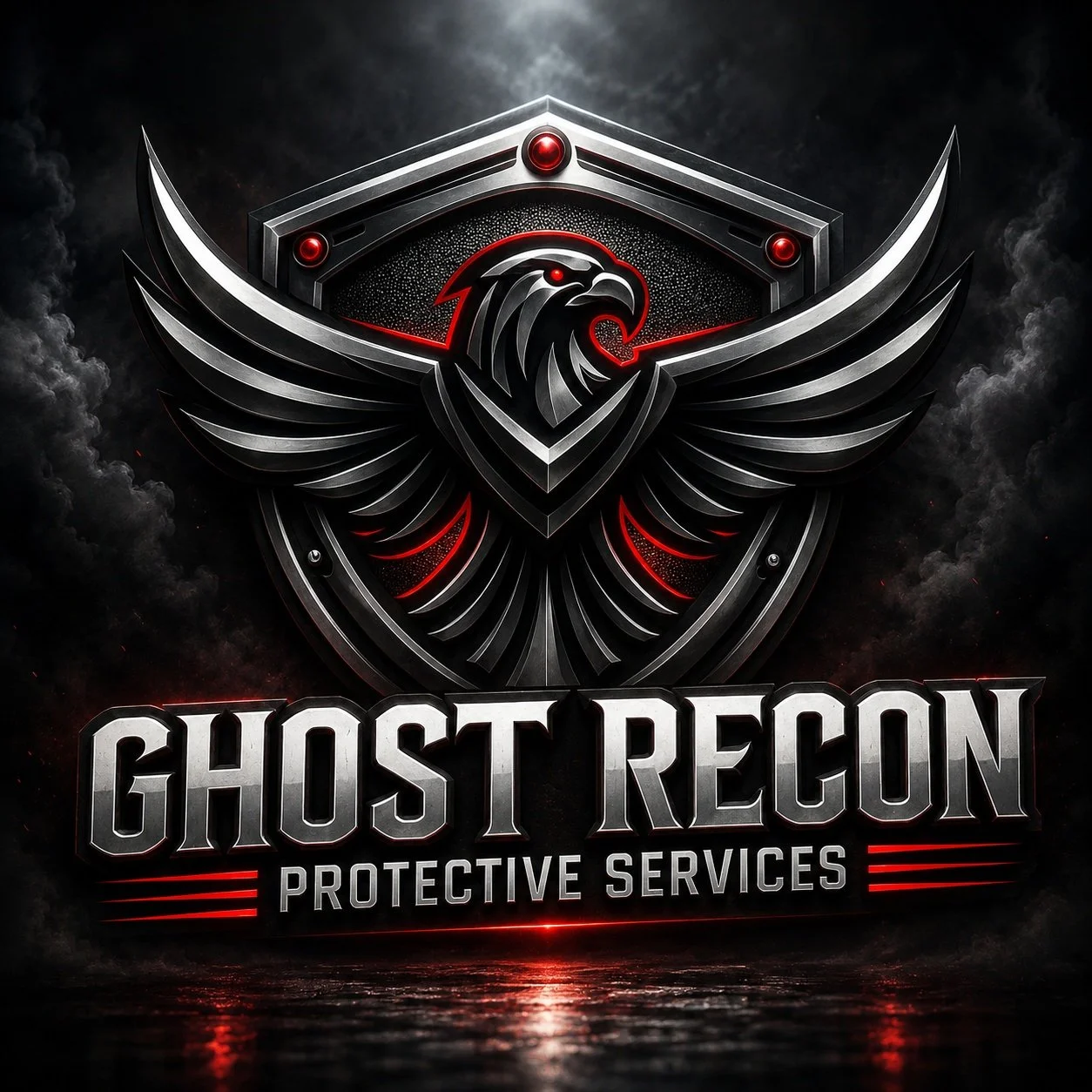 A dark, stylized emblem featuring a eagle head with metallic, black and red accents, above the text "Ghost Recon" and "Protective Services".