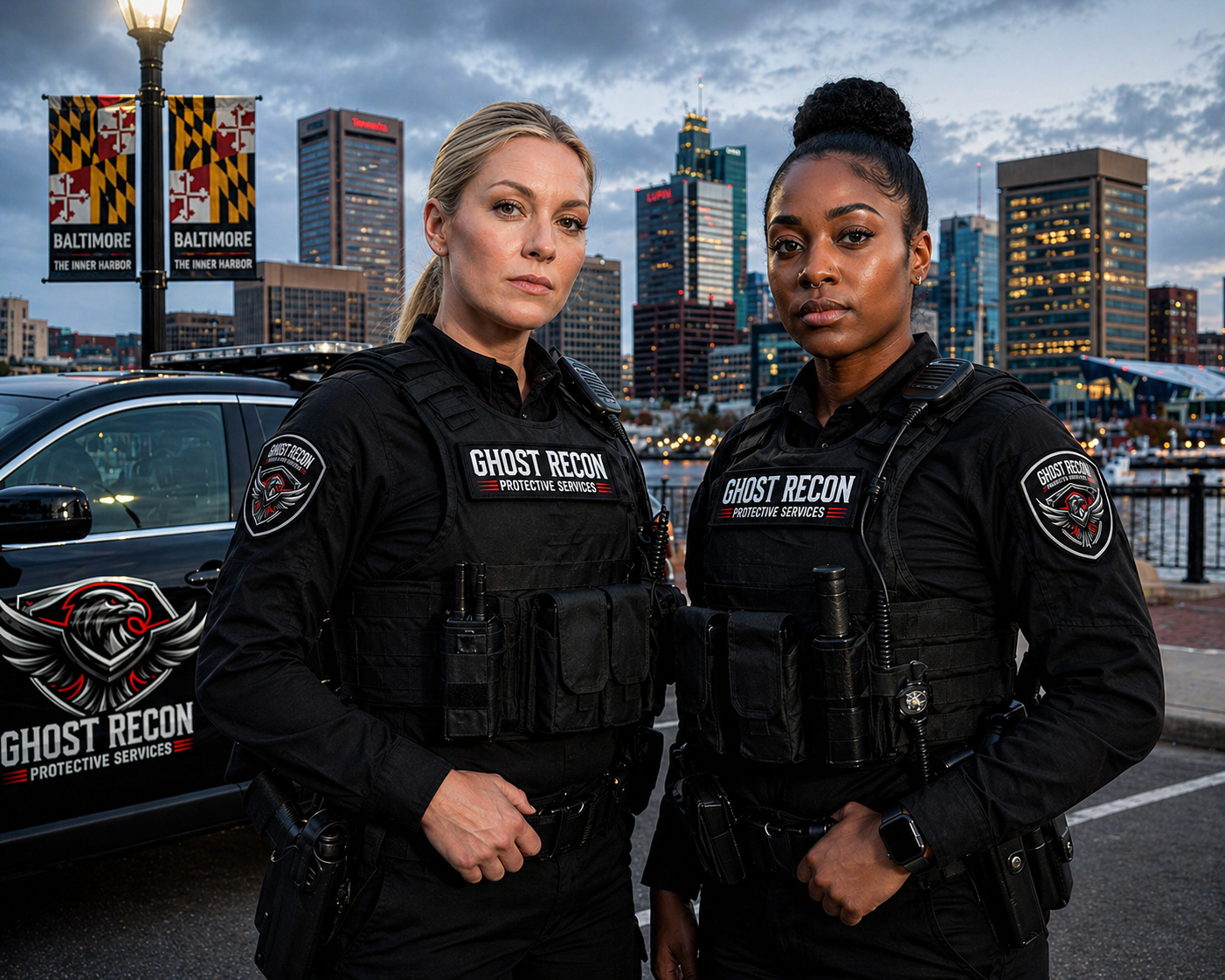 Two female police officers in black uniforms with "Ghost Recon" patches and protective vests standing outdoors in front of a police car and city skyline at dusk.