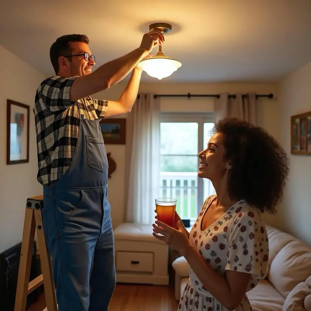 A man is installing a ceiling light fixture while a woman holding a glass of beverage watches and smiles inside a well-lit living room.