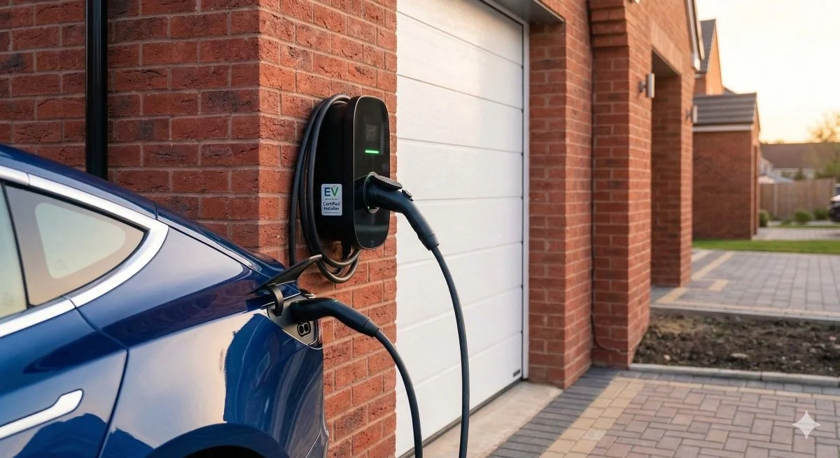 A blue electric car is plugged into a wall-mounted electric vehicle charging station outside a brick house.