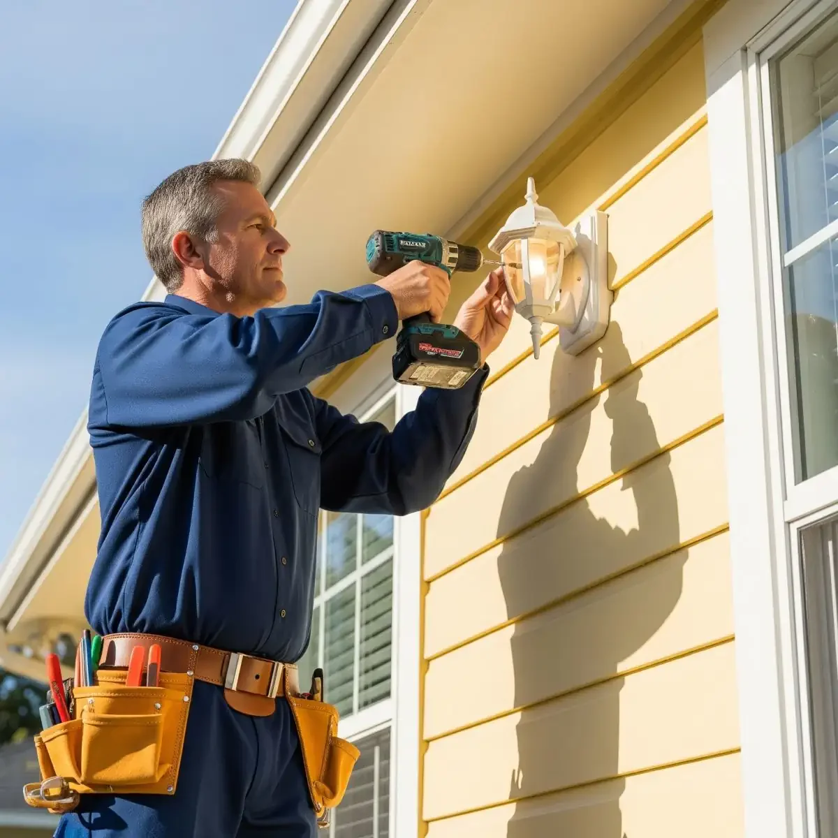 Dan installing outside cottage light