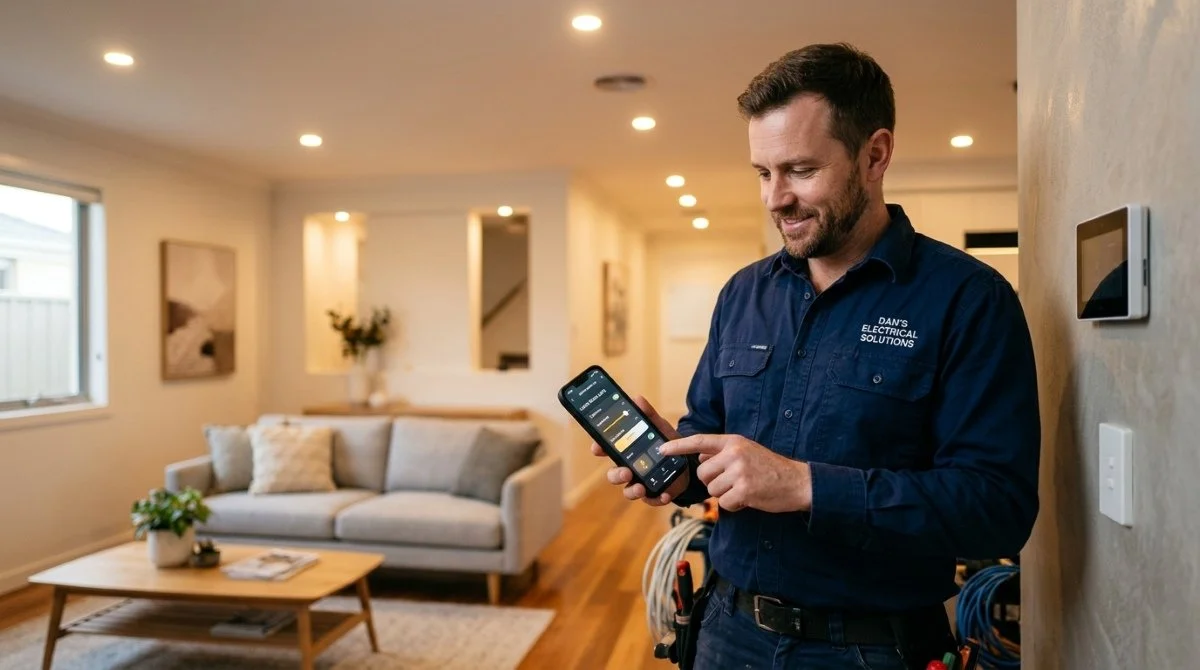 Dan Electrician adjusting a modern smartphone app interface to control a newly installed network of smart home LED downlights