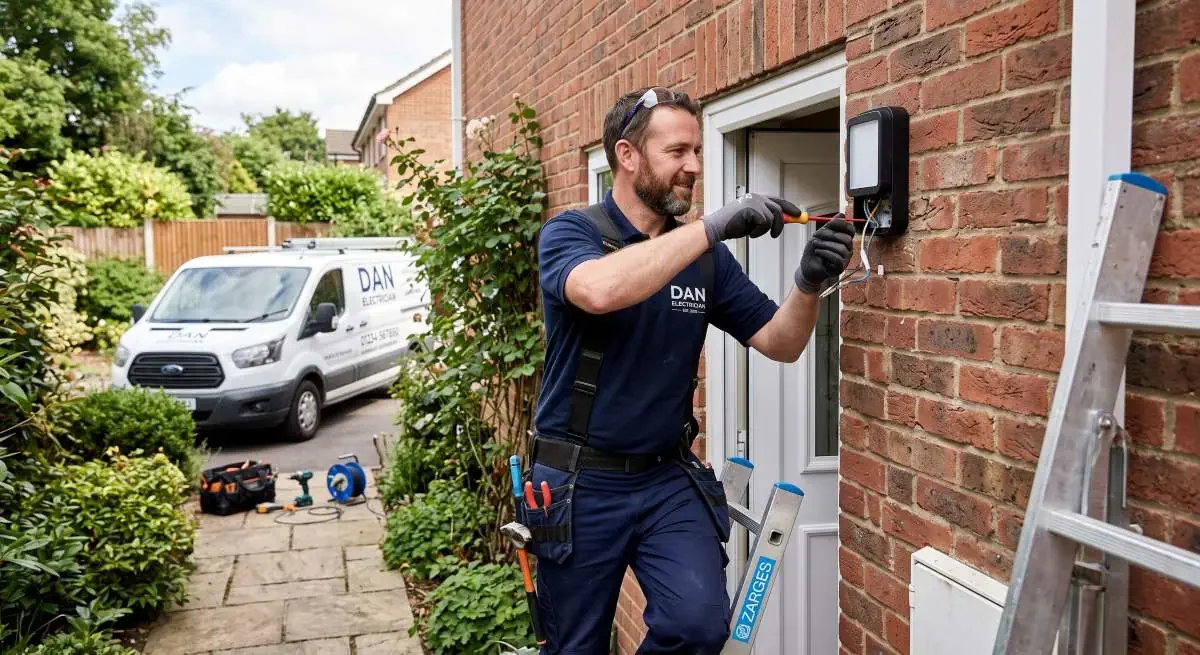 electrician in company uniform installing outside square door light. White company van "Dan Electrician" at driveway and toolbag with drill, extension lead