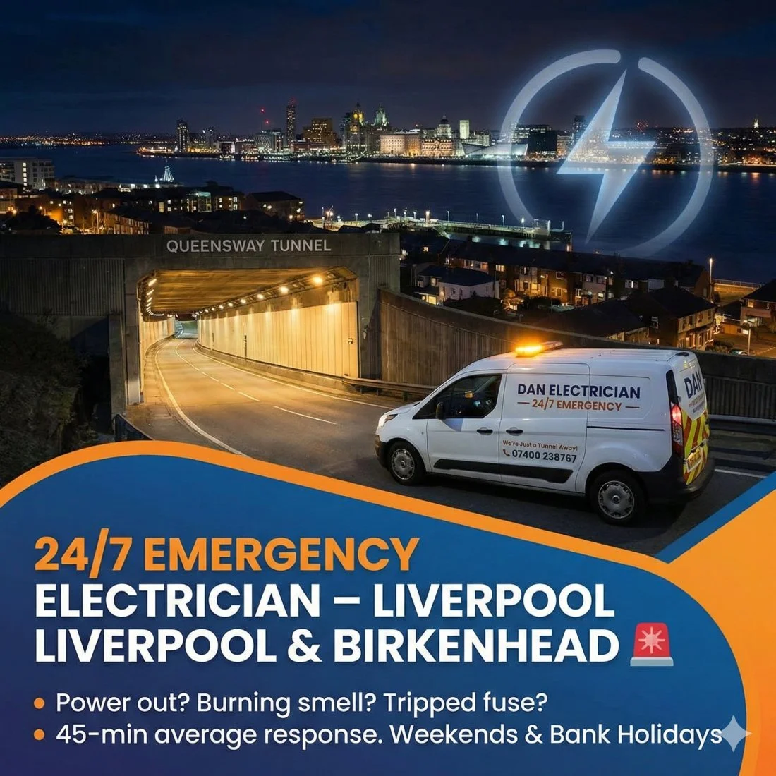 A night view of Liverpool with tall city buildings across the water, Queensway Tunnel entrance with an electric company van parked nearby, and an overlay of a lightning bolt logo indicating electrical services.