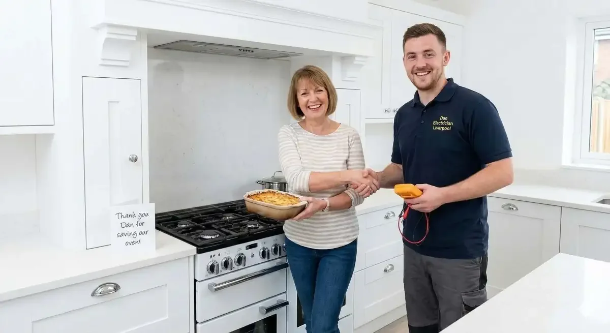 A brightly lit, clean kitchen featuring a newly installed, perfectly flush electric oven and stovetop, showcasing high-quality professional electrical work.