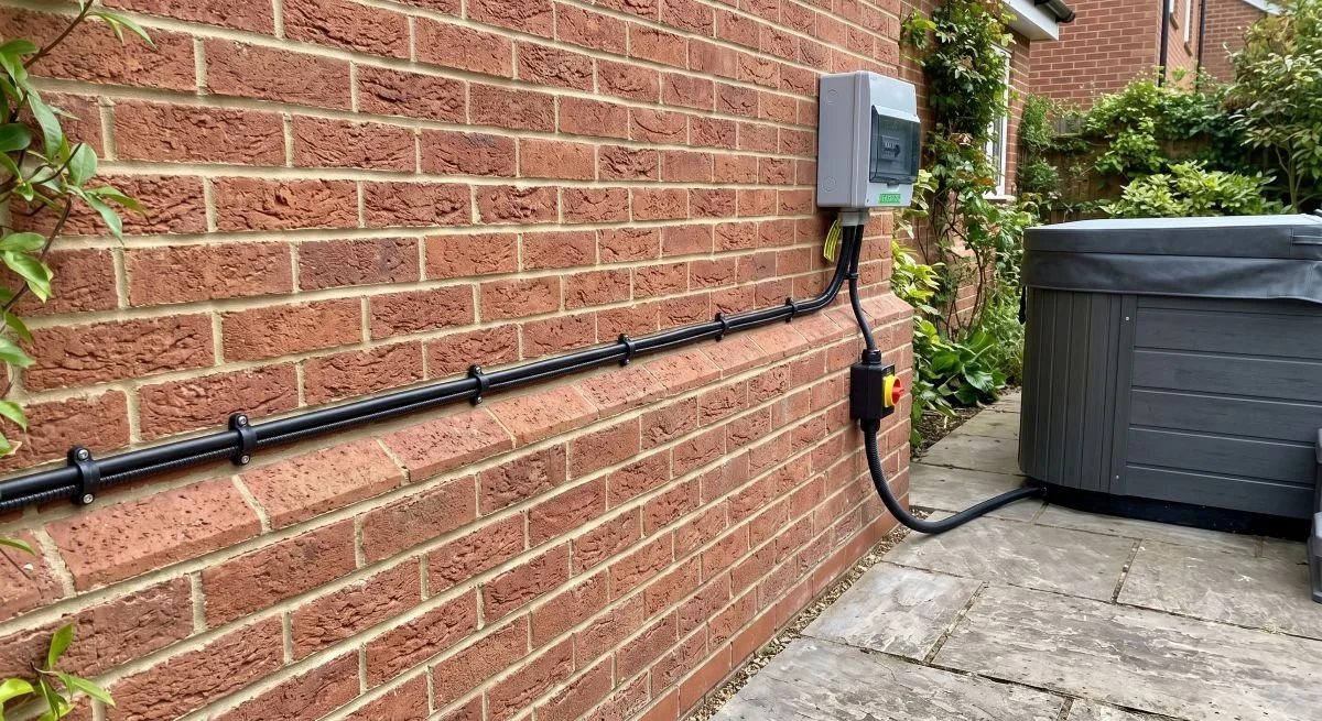 A neat, professional run of black steel-wired armored (SWA) cable safely clipped along an exterior brick wall for hot tub power distribution