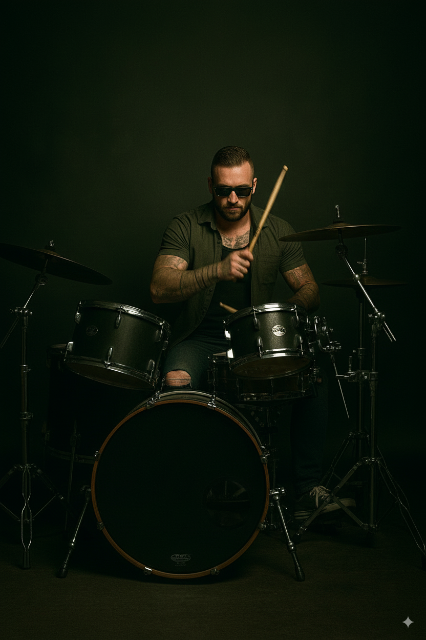 A man wearing sunglasses and a short-sleeved shirt playing a black drum set against a dark background.
