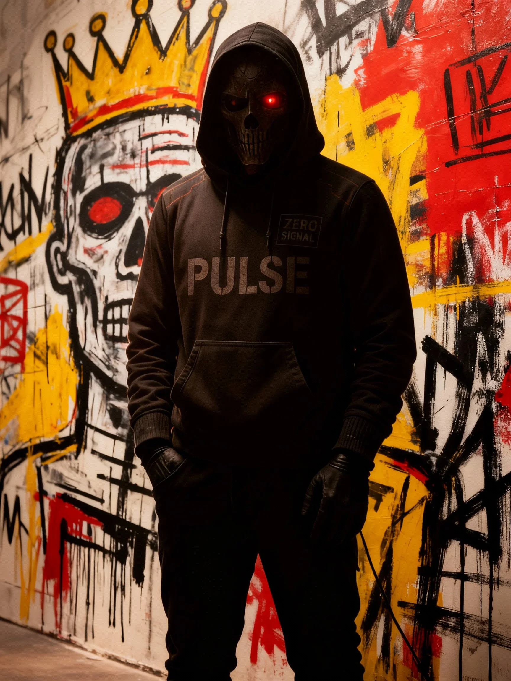 Person wearing a hoodie with a skull mask emitting a red light, standing in front of a colorful graffiti wall with a skull and crown design.