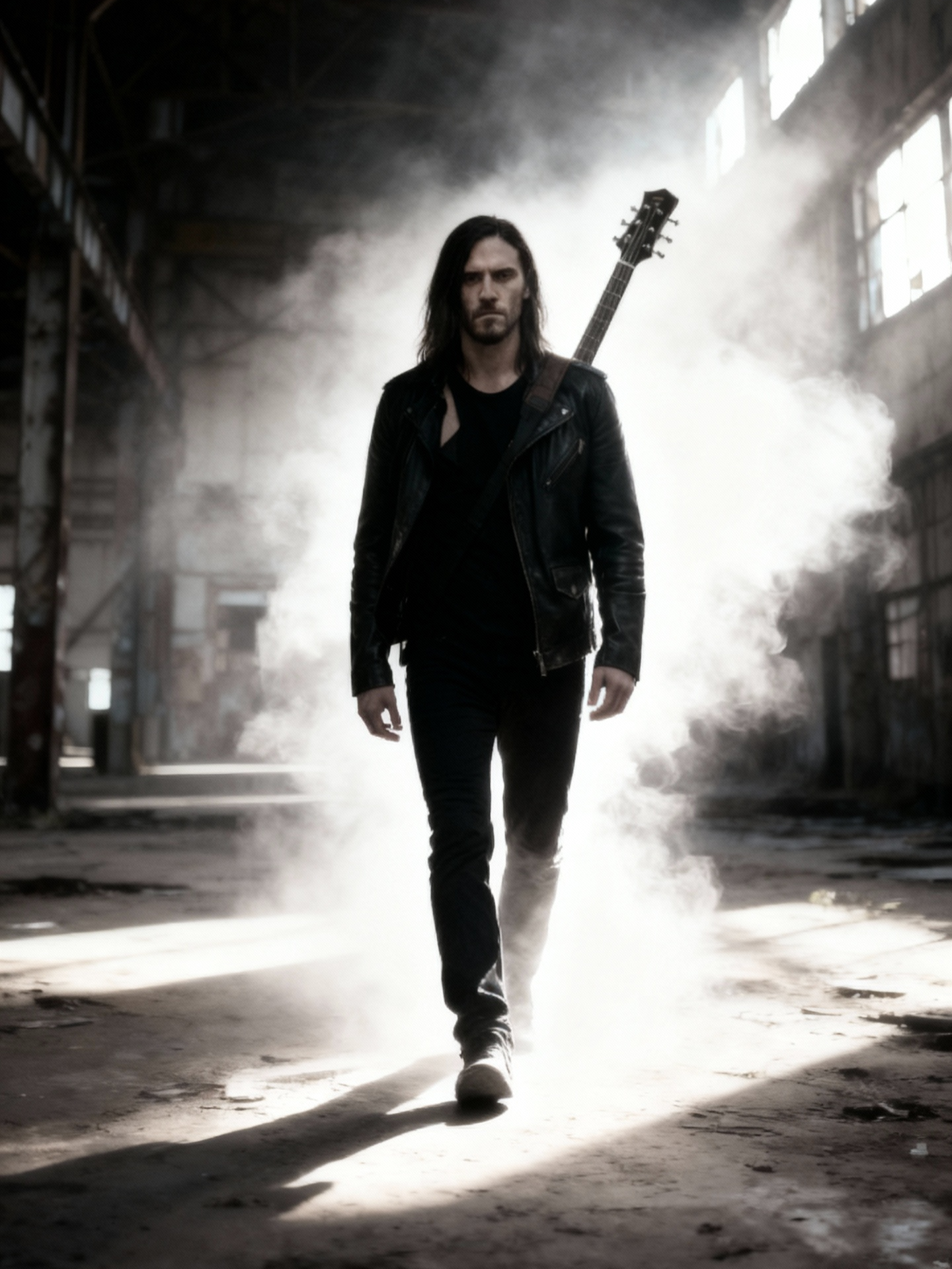A man with long dark hair, wearing a black leather jacket and pants, walking in an abandoned industrial building with smoke or dust in the air, carrying a guitar on his back.