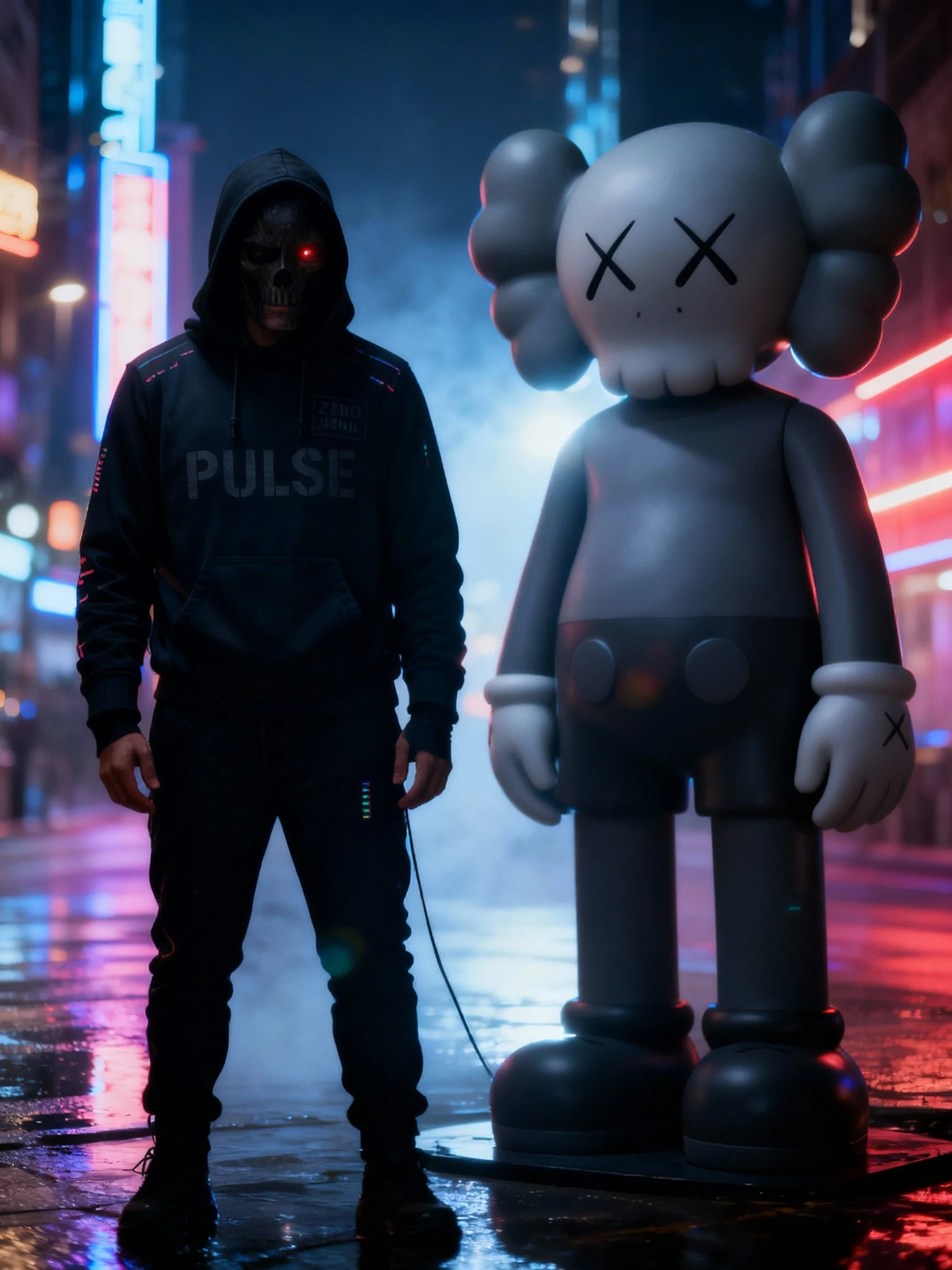 Person wearing a black hoodie and mask with a skull design, standing on a wet street at night with colorful neon lights and fog, next to a large cartoonish statue of a girl with a skull face and crossed-out eyes.