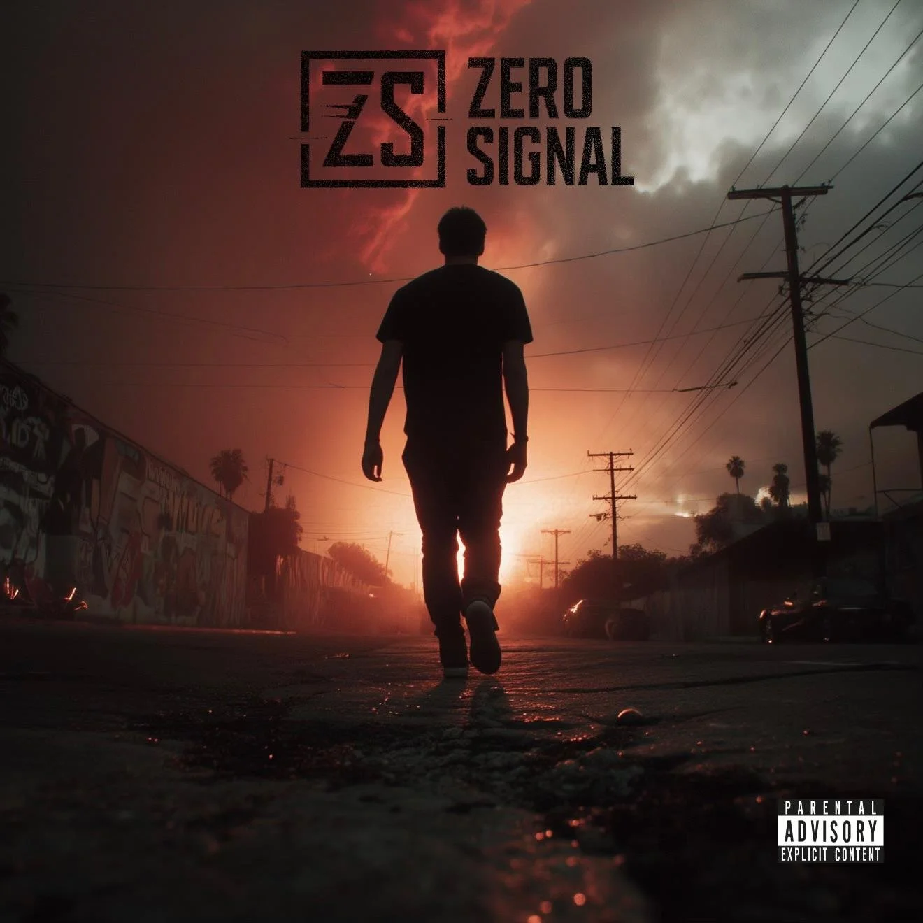 Silhouette of a person walking down an empty street at sunset. The sky is cloudy with a reddish hue, and utility poles line the street. The image has a logo reading 'ZS Zero Signal' at the top and a parental advisory warning at the bottom right corner.