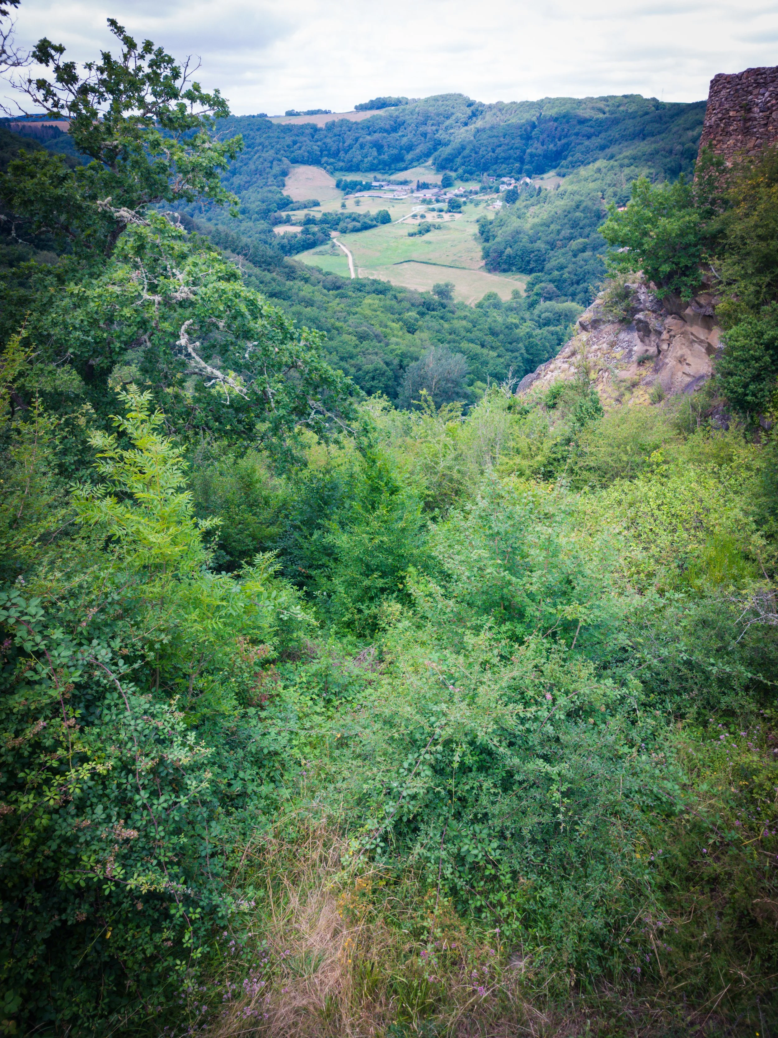 A lush green view of a valley with trees, hills, and fields in the distance, taken from a higher vantage point near a stone structure.