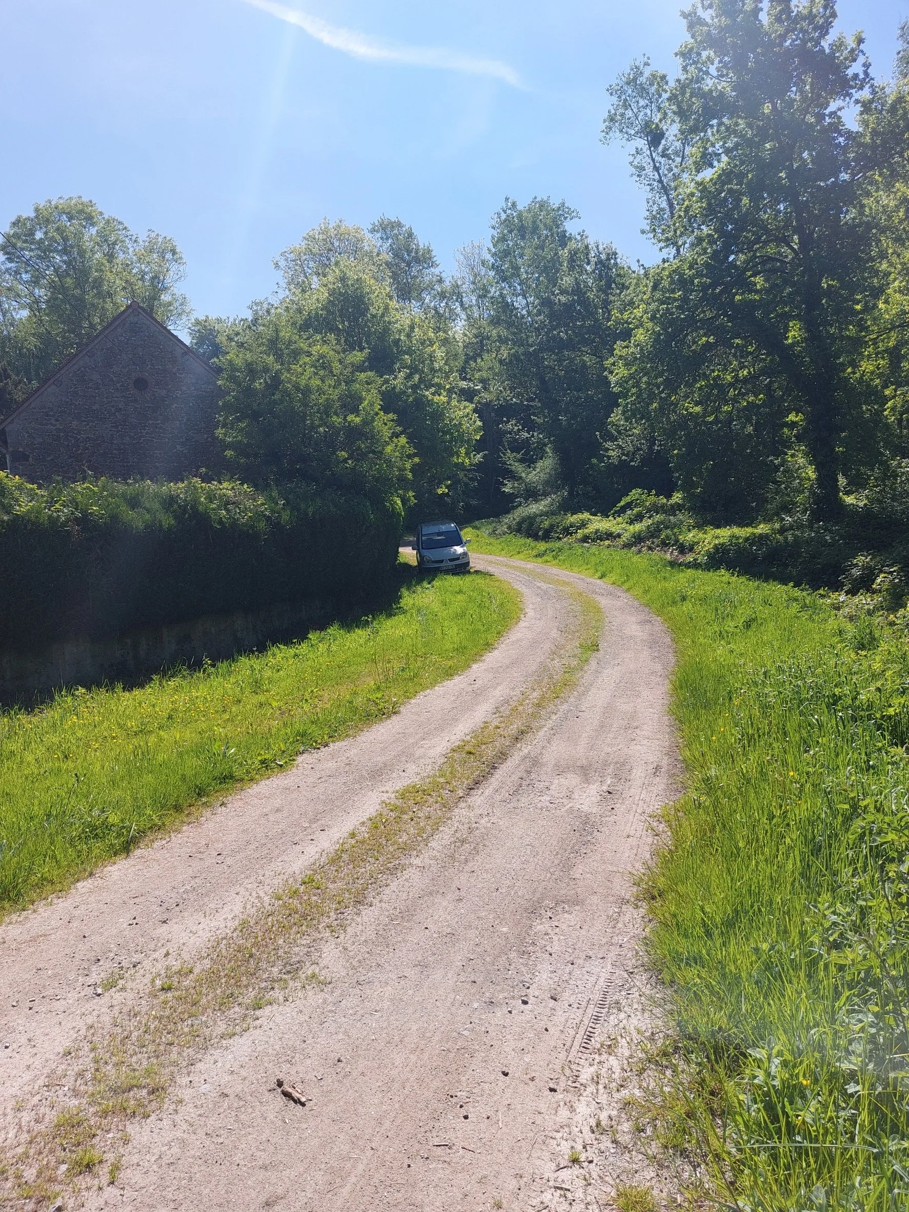 A gravel dirt road winding through lush green grass and trees on a sunny day with a clear blue sky, a small car parked on the side near a house partially visible on the left.