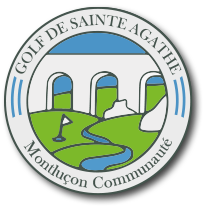 Logo of Golf de Sainte-Agathe Montfaucon Communauté featuring a golf course with a water hazard, overarched by three stone archways, and a golf tee in the foreground.