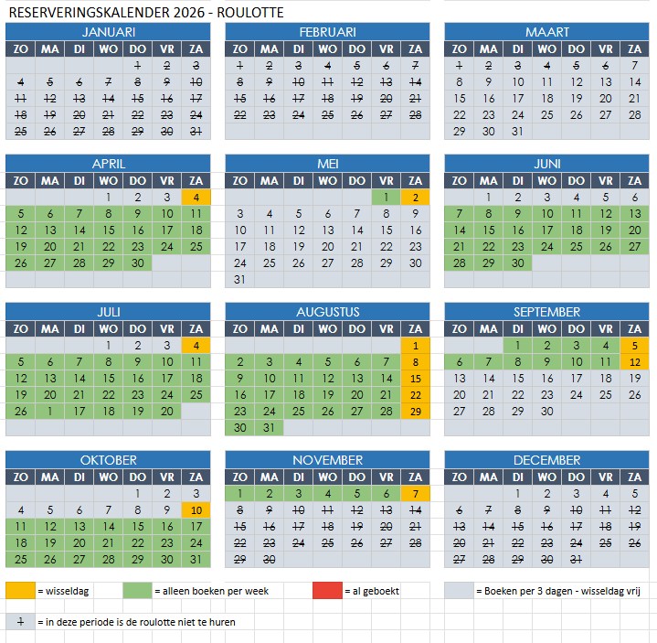 Reservation calendar for 2026, showing months January through December, with some dates highlighted in green, yellow, red, and gray indicating various booking statuses and special days.