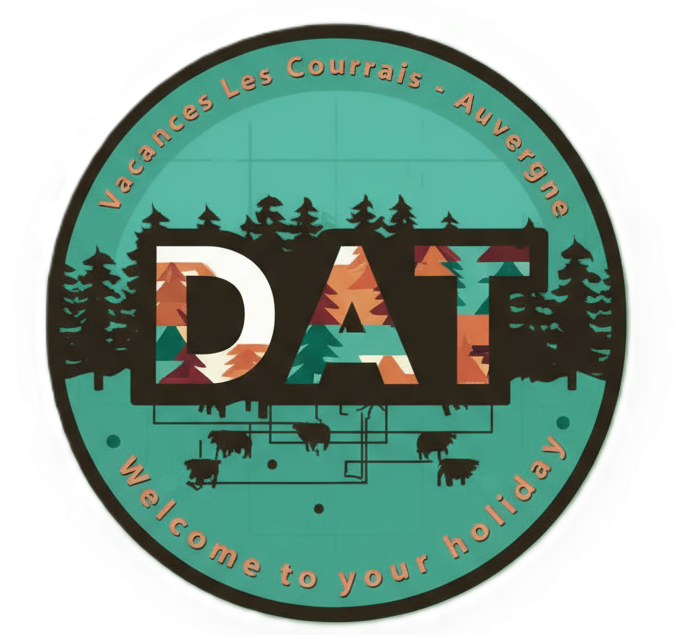 Circular graphic with a teal background, featuring evergreen trees, farm animals, and infrastructure elements. The words 'Vacances Les Courrais - Awefagne' are at the top, and 'welcome to your holiday' at the bottom. The central text reads 'DAT' with a colorful, patterned fill.
