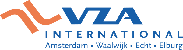 VZA International met locaties Amsterdam, Waalwijk, Echt en Elburg op een witte achtergrond.