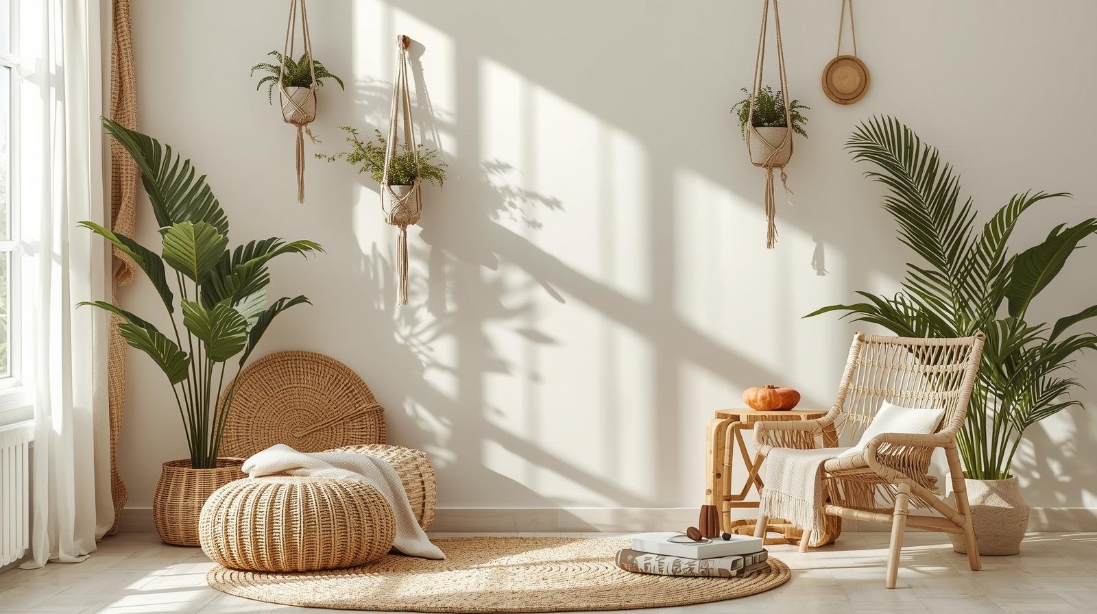 Bright, minimalist living room with natural elements, potted plants, hanging planters, wicker furniture, and soft sunlight.