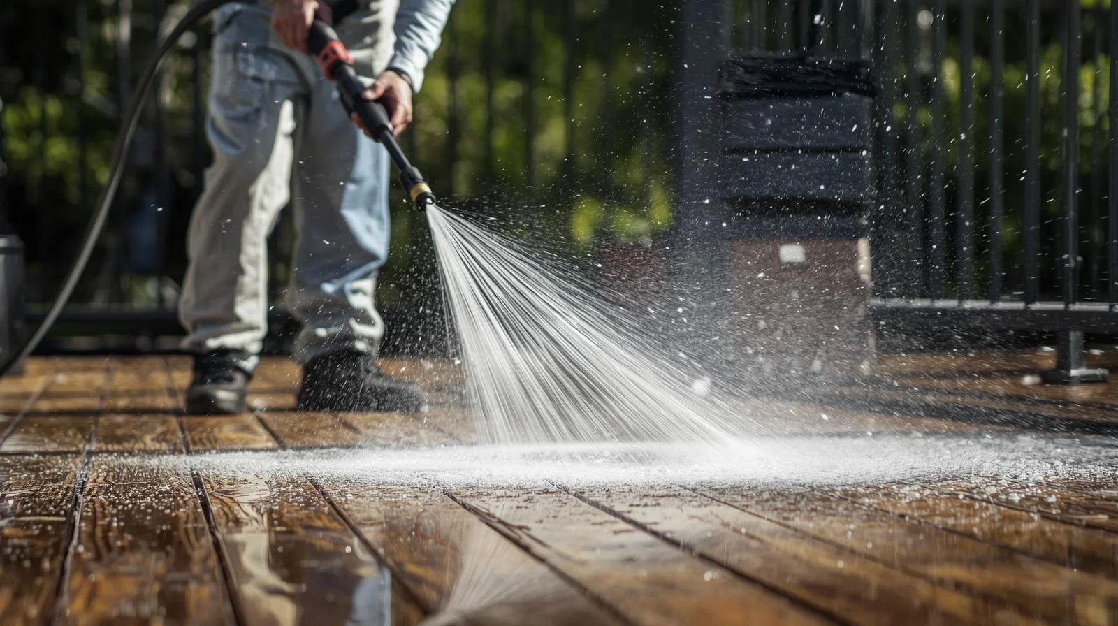 Person cleaning a wooden outdoor deck with a pressure washer.