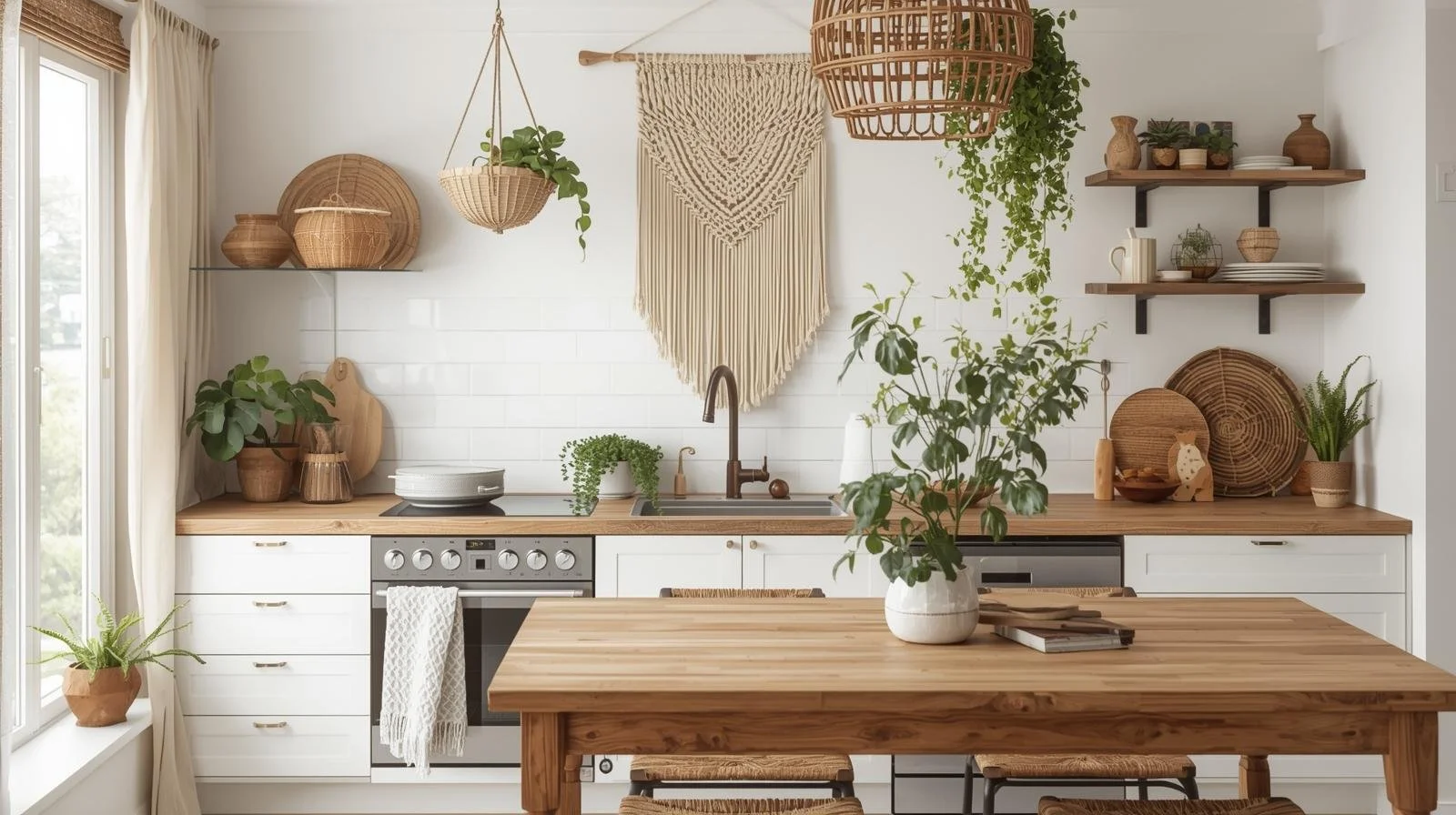 A bright, modern kitchen with white cabinets, wooden countertops, and open wooden shelves decorated with dishes, pots, and decorative items. There are plants on the counter and a wooden table with a white vase holding greenery.
