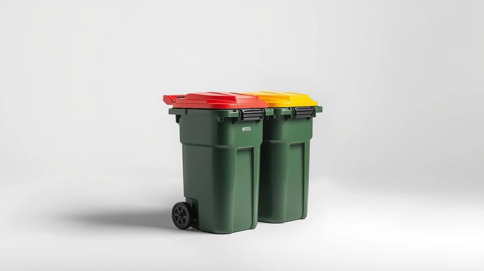 A pair of green wheeled trash bins with red and yellow lids, placed against a plain white background.