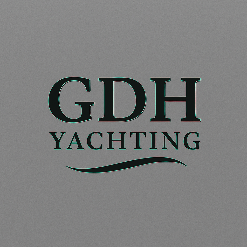 Logo with the text 'GDH Yachting' on a gray background, with a stylized wave underneath.