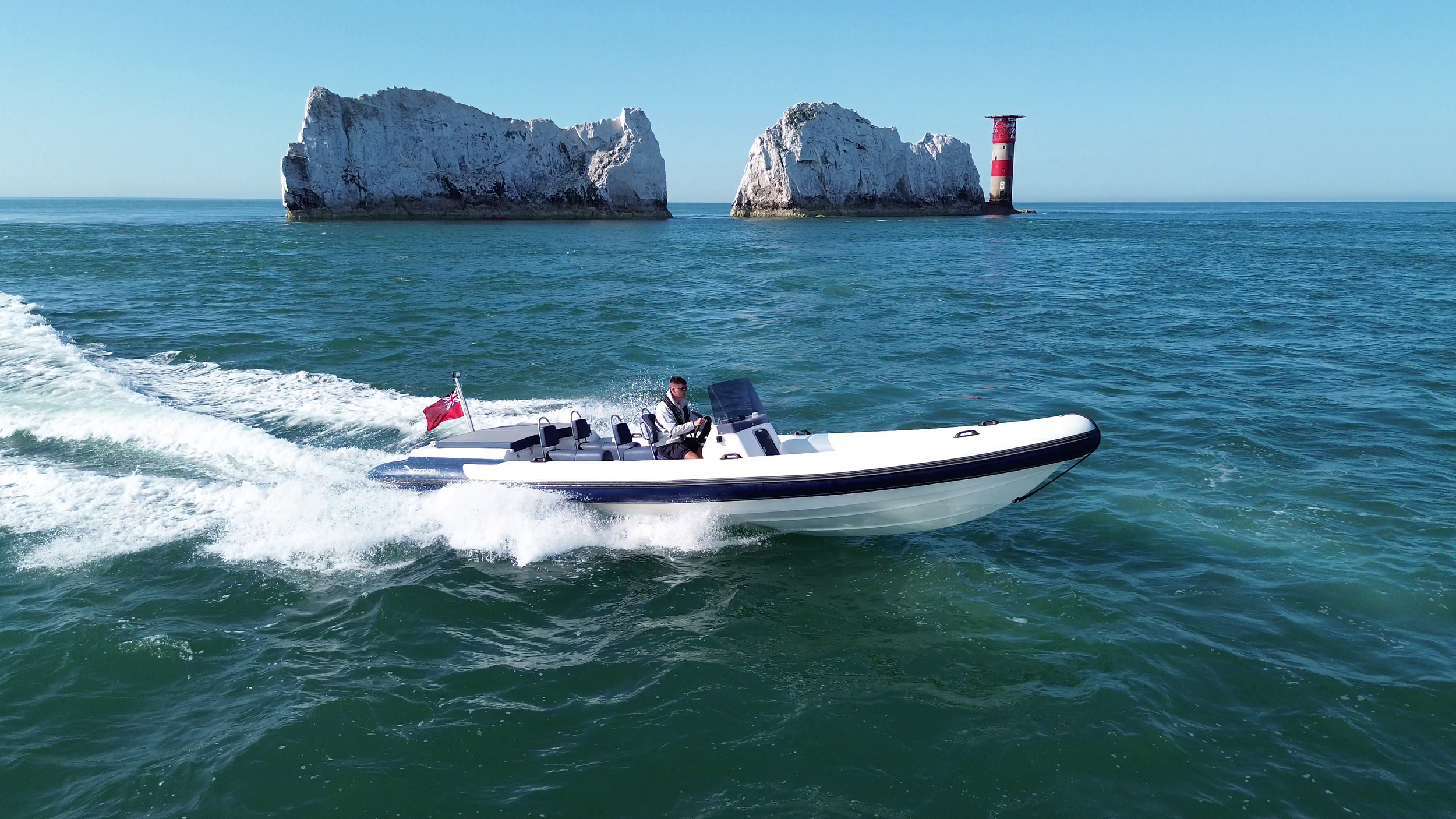 Growler - a high performance 7 person rib for charter pictured at The Needles, Isle of Wight.