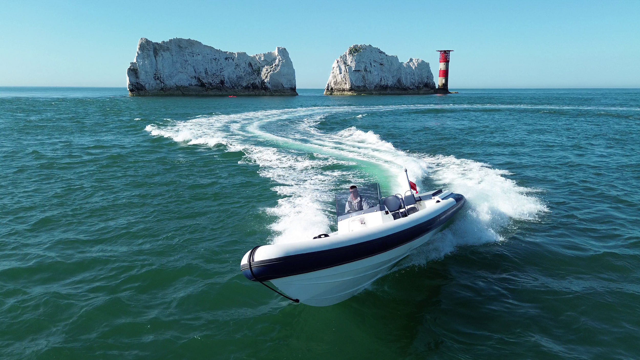 Growler - a high performance 7 person rib for charter pictured at The Needles, Isle of Wight.