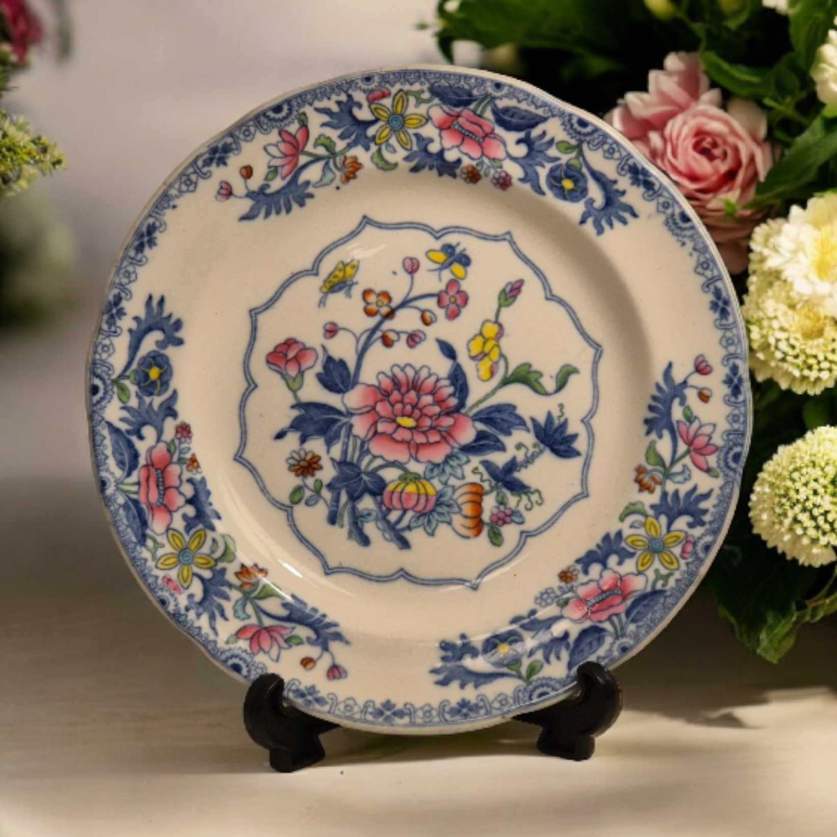 c1820s - Spode - Copeland - 8" Plate- Bang Up Pattern - Stone China Blue White Floral