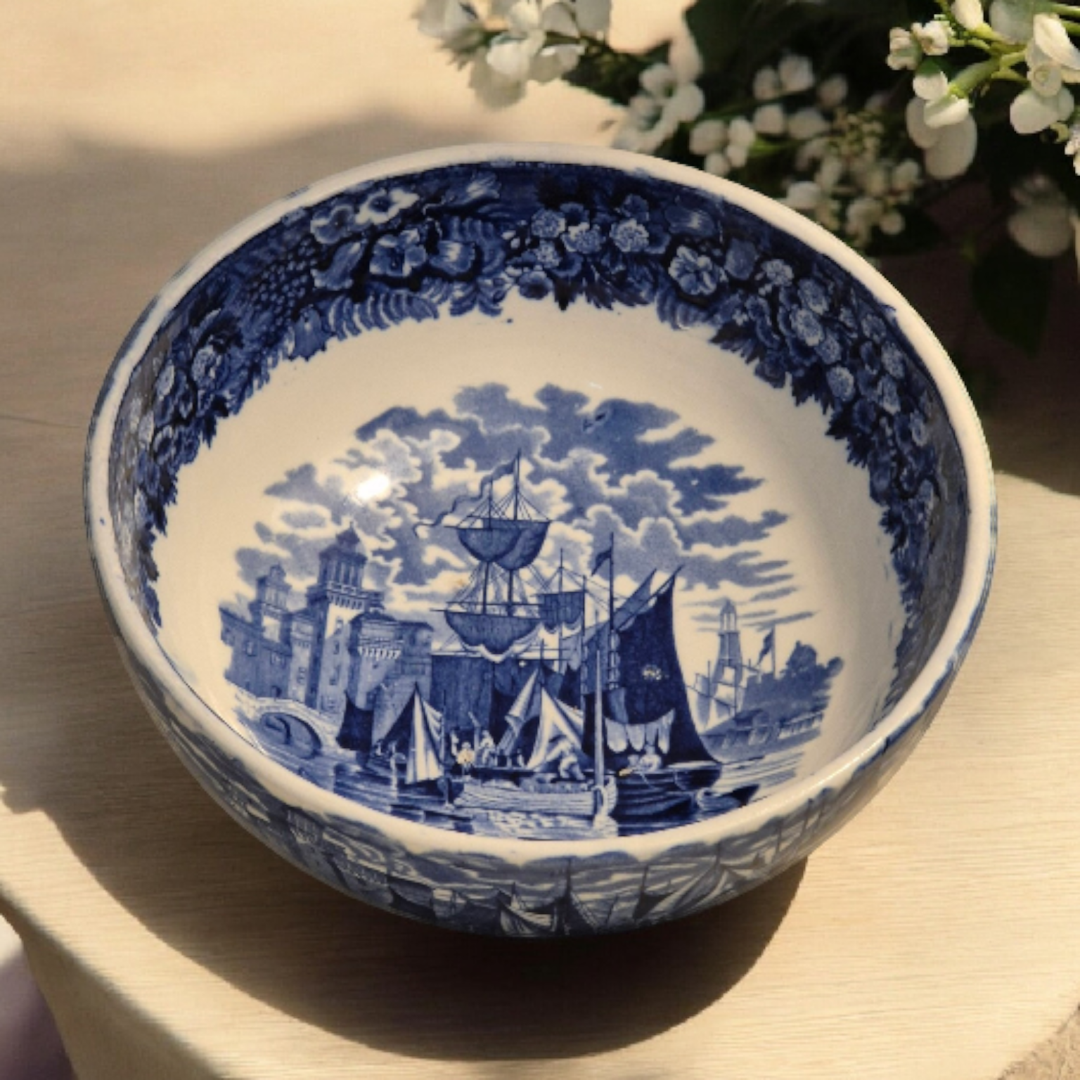 c.1920s – Wedgwood "Ferrara" Blue & White Bowl – Etruria, England – Maritime Scene