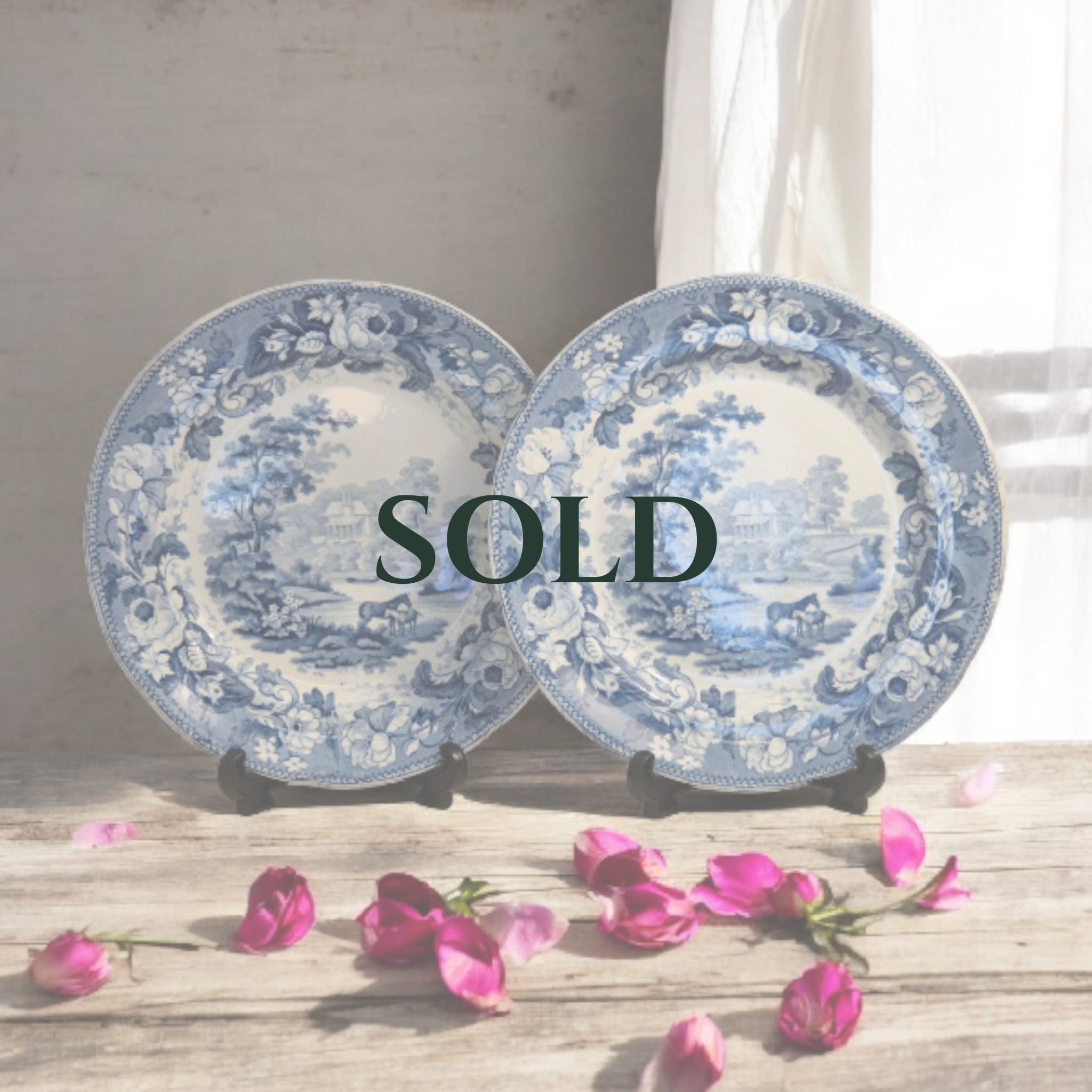 Pair of Davenport Foal Plates - Blue Transferware - Mare & Foal Series Plates