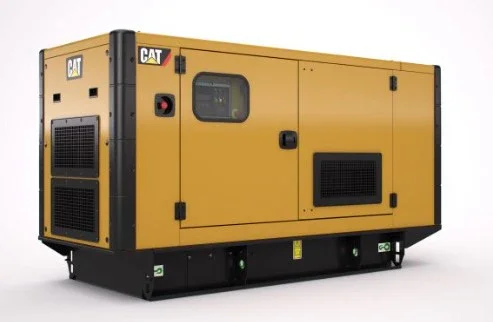 Yellow industrial generator with black base and parts, featuring vents and windows, branded with CAT logo.