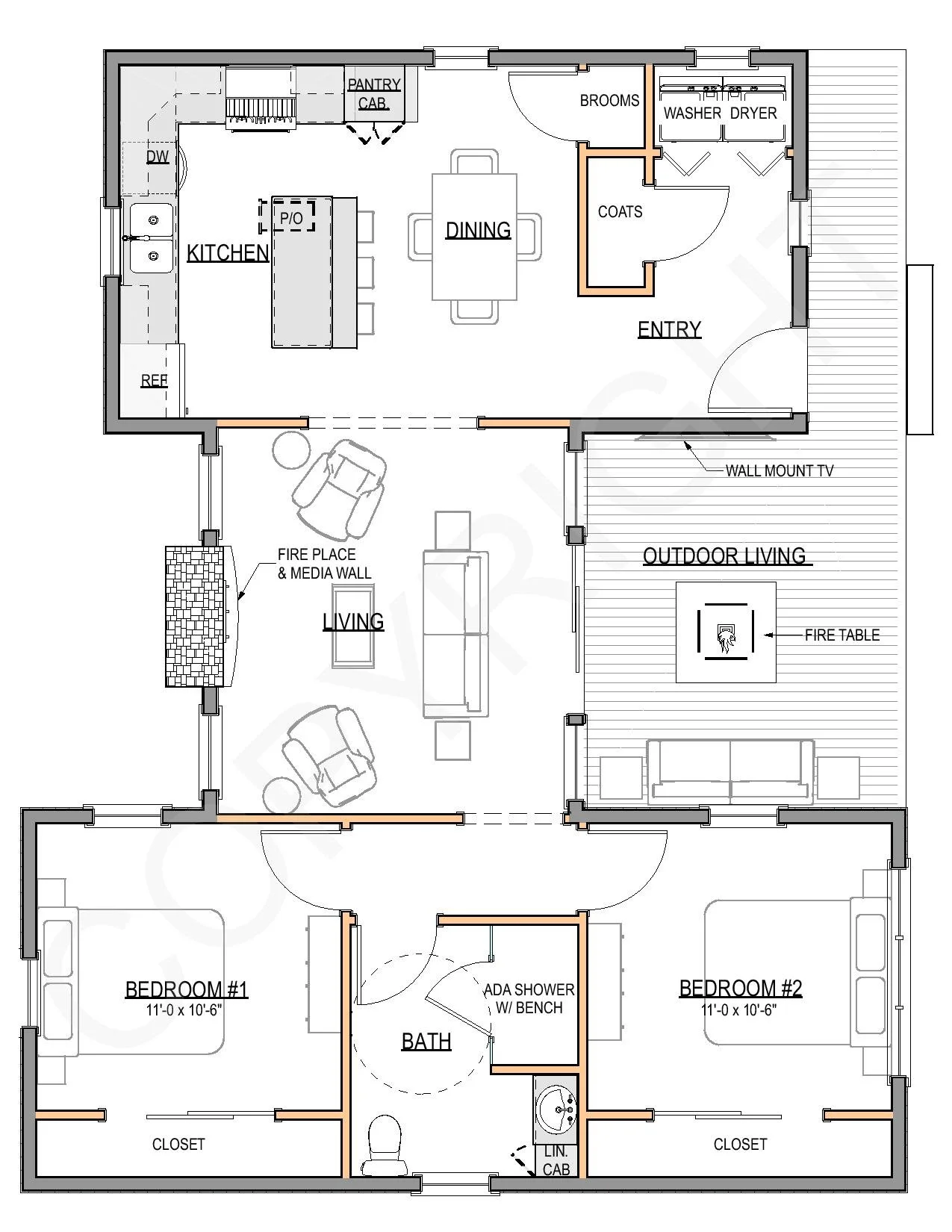 The Cannon ADU model  — 950 sq ft, floor plan drawing of 2-bedroom layout showing central living area, full kitchen, outdoor living space, and ADA-friendly bathroom