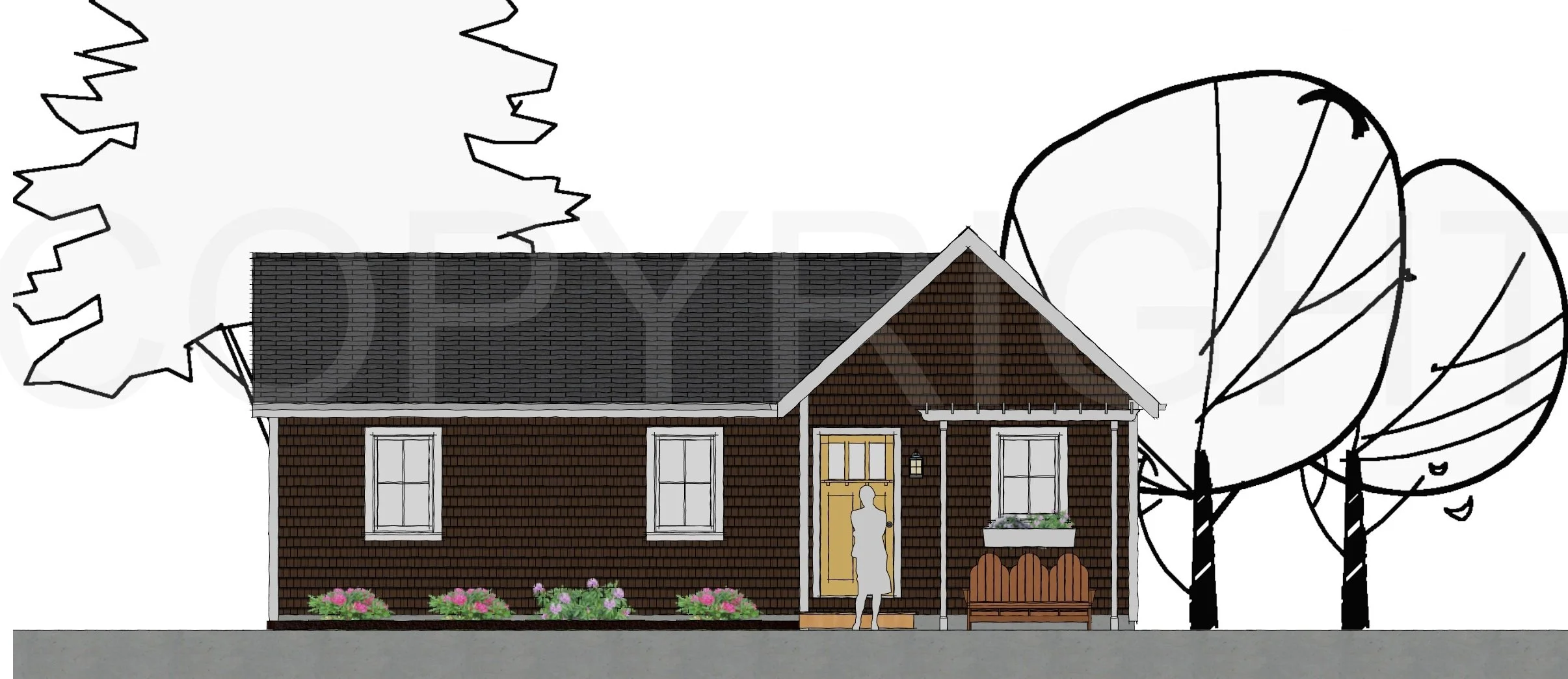 The Notch ADU model — 950 sq ft, front elevation, 2D architectural drawing showing central entry door, symmetrical bedroom windows, and simple gable roofline with landscape outline.