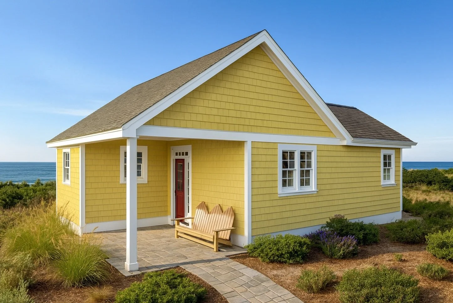 The Seacoast ADU model — 550 sq ft — exterior rendering with yellow shingle siding, white trim, covered porch, and coastal landscaping.