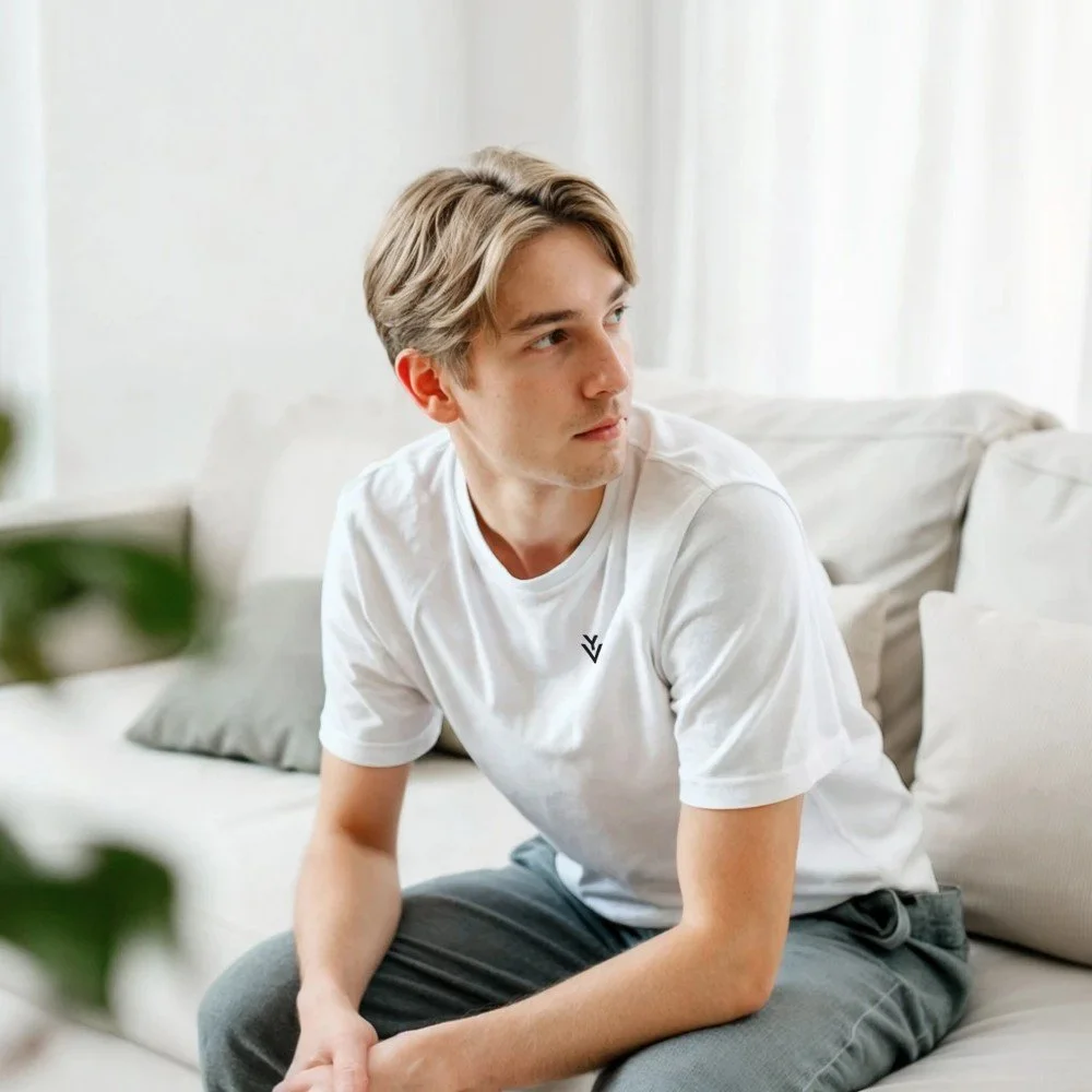 A young man with light brown hair sitting on a white sofa in a bright room, looking to the side.