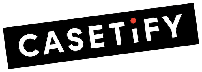 Casetify logo with black background and white text, featuring a small red dot above the letter I.