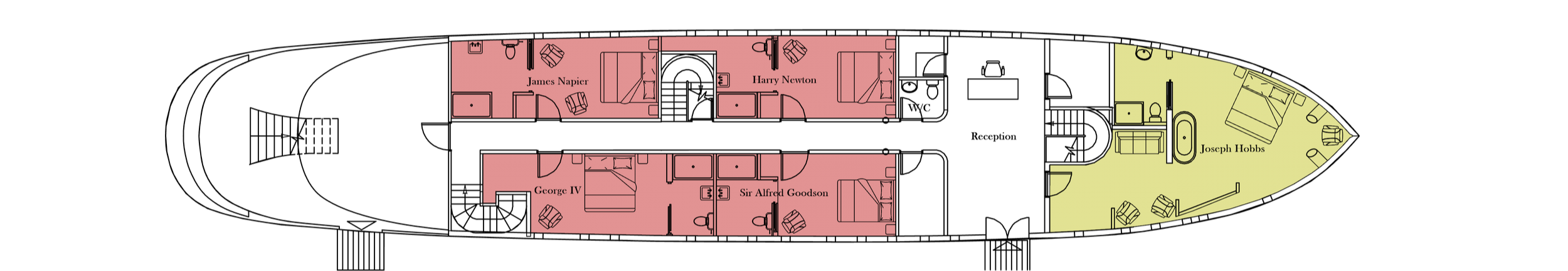 Floor plan of a ship's cabins with four rooms labeled for famous authors and a common area. The rooms are for James Napier, Harry Newton, George IV, and Sir Alfred Goodson. The common area is for Joseph Hobbs.