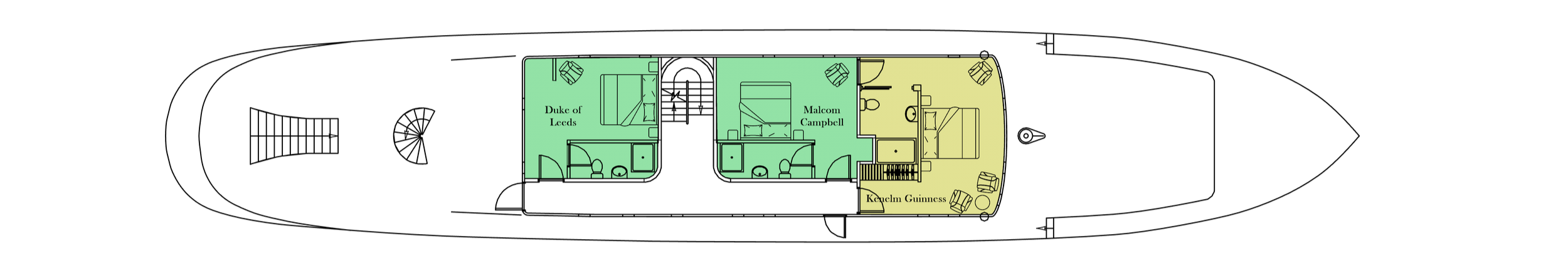 Floor plan of three connected rooms with labeled names: Duke of Leeds, Malcolm Campbell, Keelagh Guinness, showing bedrooms and bathrooms.