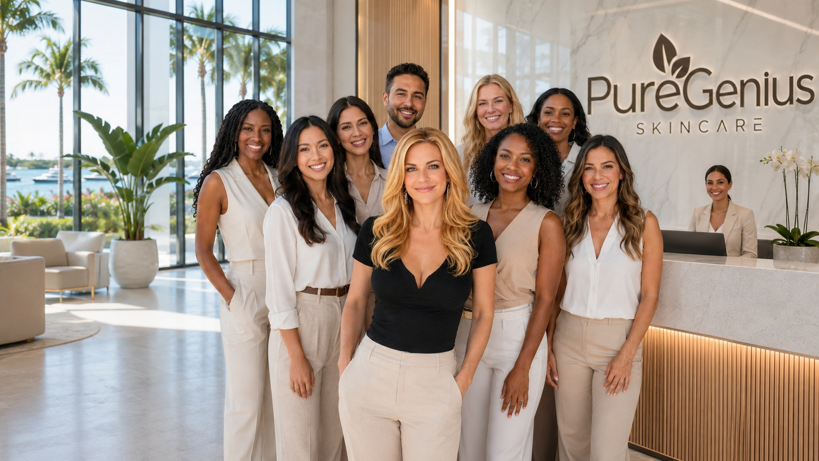 Group of diverse women and one man standing at reception desk in skincare clinic with PureGenius Skincare logo, tropical view outside