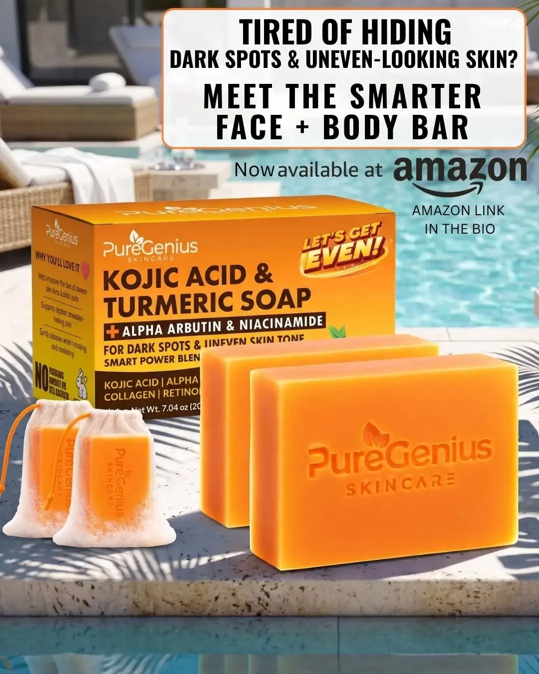 Tired of hiding dark spots and uneven-looking skin? We see you. ✨

Meet PUREGENIUS&trade; Let&rsquo;s Get Even&trade; &mdash; the smarter face + body bar made for the look of dark spots, uneven tone, and a brighter-looking glow.

Powered by Kojic Aci