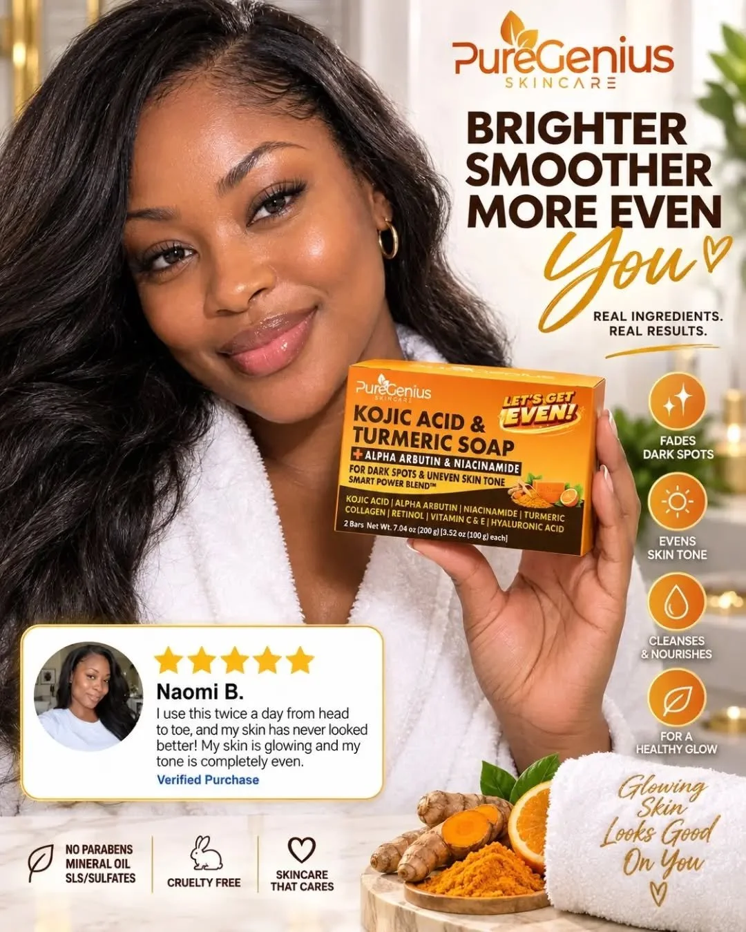 That fresh-skin feeling starts with one simple routine. 🧡
PUREGENIUS&trade; Kojic Acid &amp; Turmeric Soap is made to support brighter-looking, smoother-looking, more even-looking skin from head to toe &mdash; with 2 bars + 2 foaming nets in every b