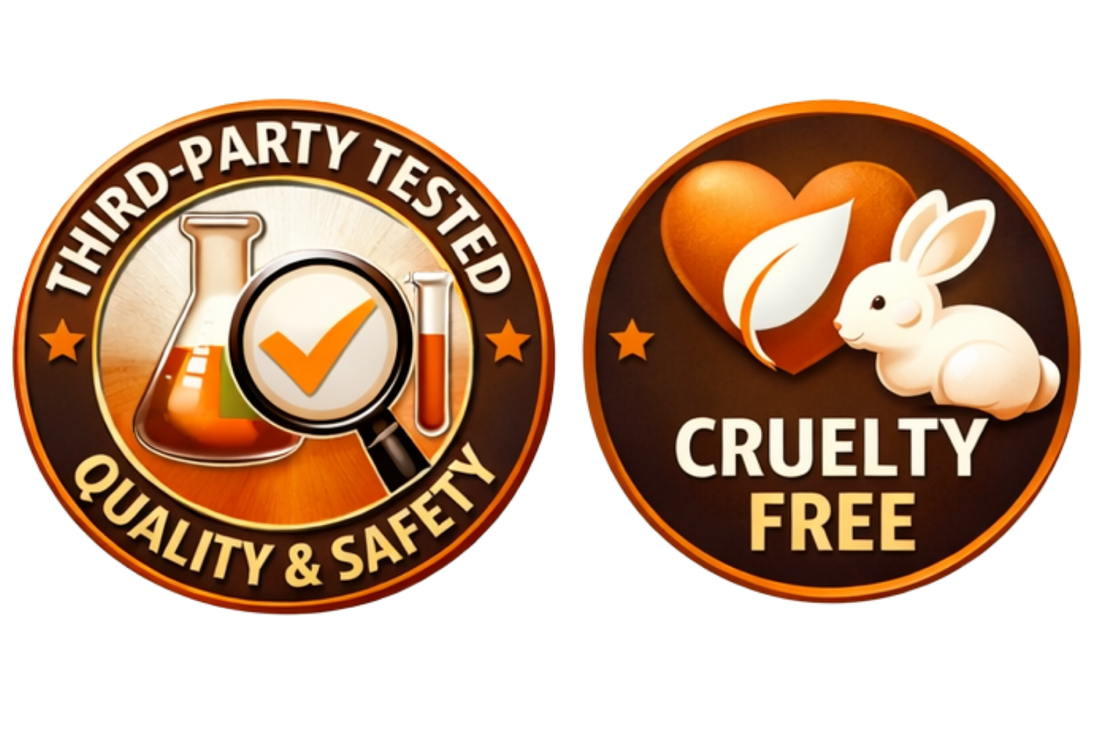 Two badges: one indicating third-party tested quality and safety in a lab with test tubes and a magnifying glass, the other showing cruelty-free certification with a rabbit, a leaf, and a heart.
