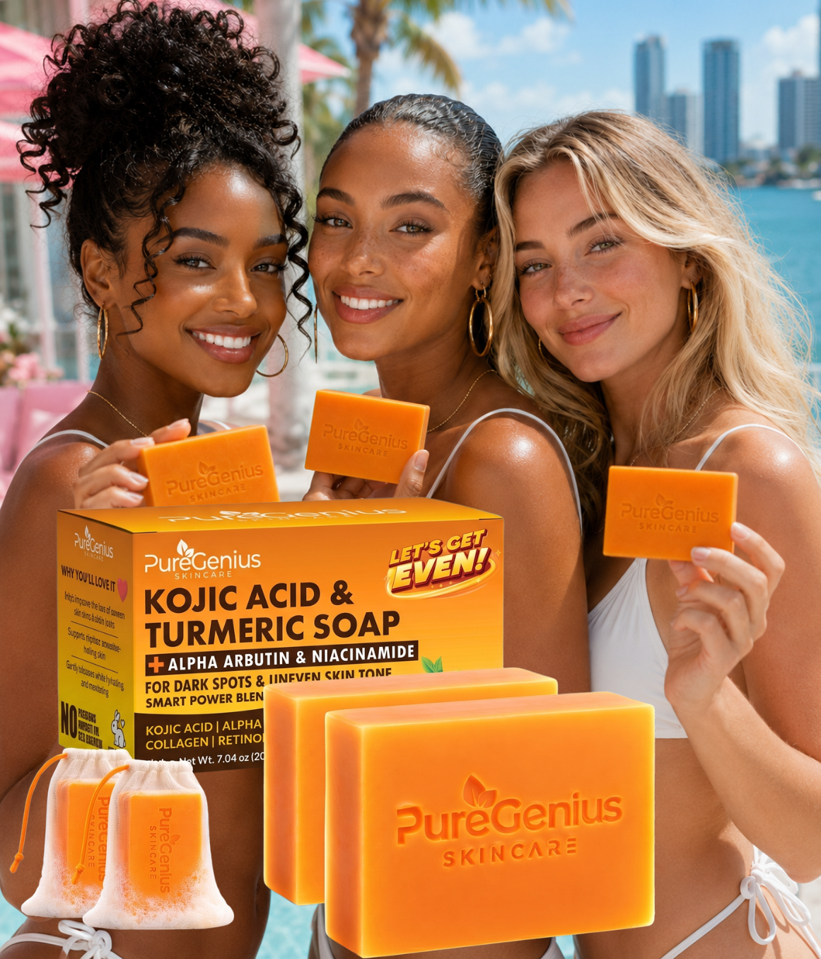 Three women in swimsuits holding PureGenius skincare products with an orange Kojic Acid and Turmeric Soap box in front of a beach setting with palm trees and city skyline in the background.