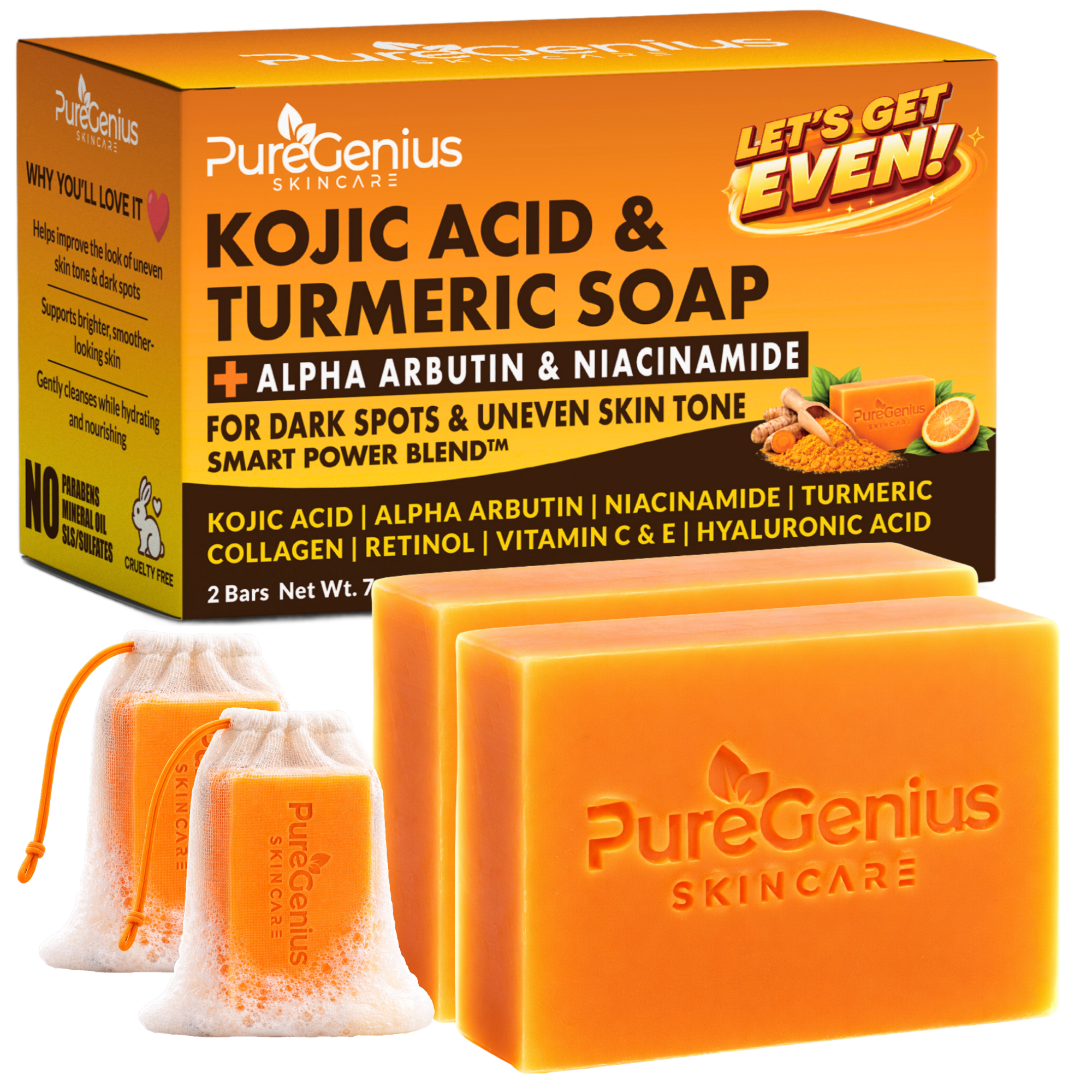 Packaging of PureGenius skincare Kojic Acid and Turmeric Soap with imagery of turmeric root, orange, and soap bars.