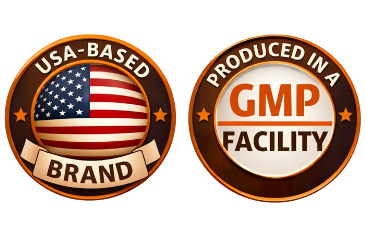 Two circular badges, one with an American flag and the text 'USA-BASED BRAND,' and the other with the text 'PRODUCED IN A GMP FACILITY.'