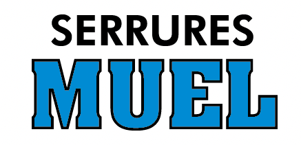 Logo de la société de serrurerie MUEL, avec le mot 'SERRURES' en haut et 'MUEL' en dessous, utilisant des couleurs noir, blanc, et bleu.